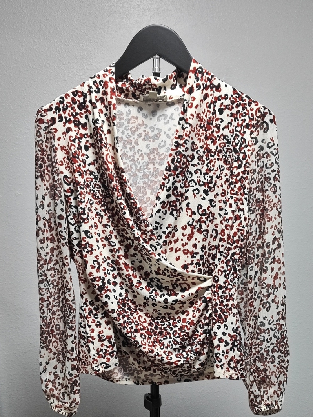 Women’s Draped V-Neck Blouse in Cream with Rust Leopard Print